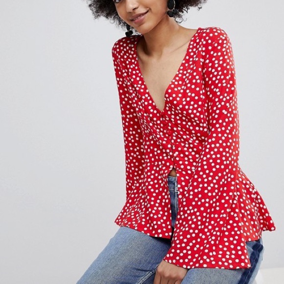 Miss Selfridge Tops - Miss Selfridge Polka Dot Flute Sleeve Blouse sz 6